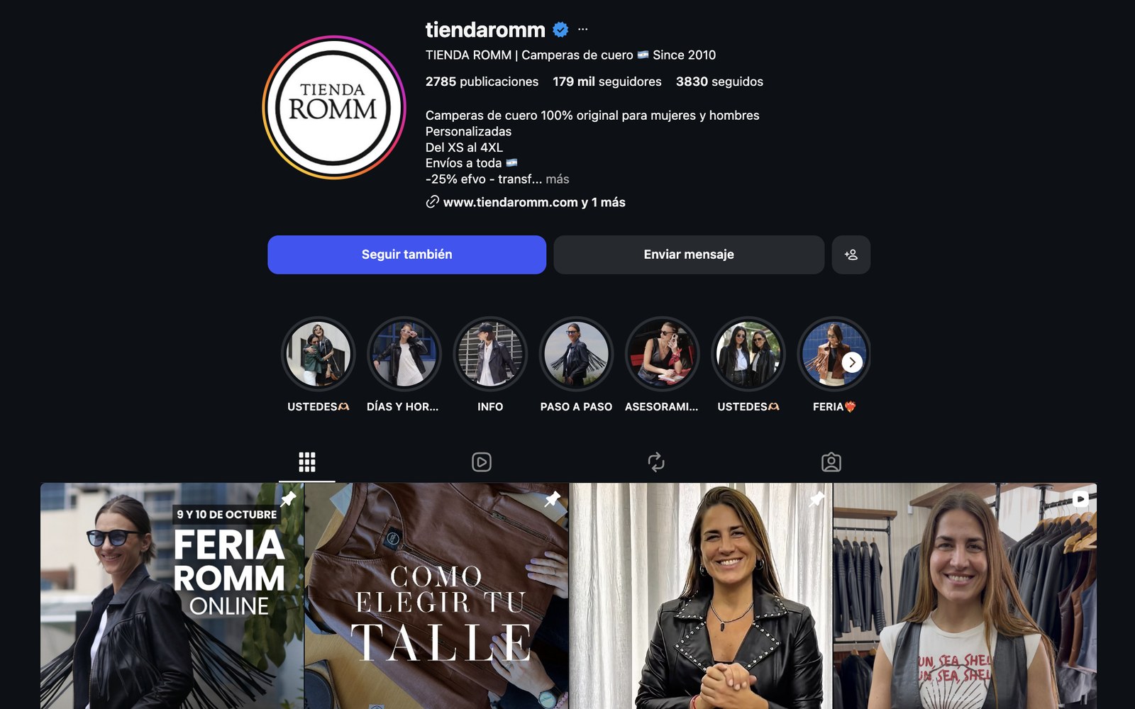 Perfil de Instagram de Tienda Romm